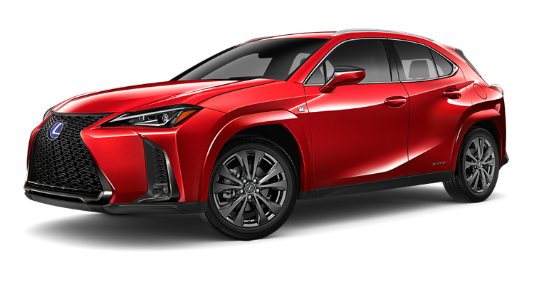 Exterior of the Lexus UX Hybrid F SPORT shown in Redline. | Lexus of Akron Canton in Akron OH