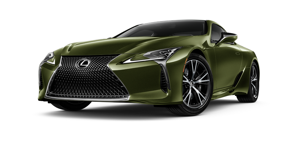 Exterior of the Lexus LC shown in Nori Green Pearl on a coastal highway background | Lexus of Akron Canton in Akron OH